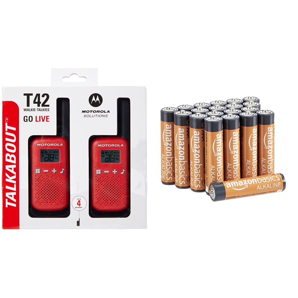 Walkie Talkie Motorola T42 rojo con 16 canales y paquete de 20 pilas alcalinas AAA 2
