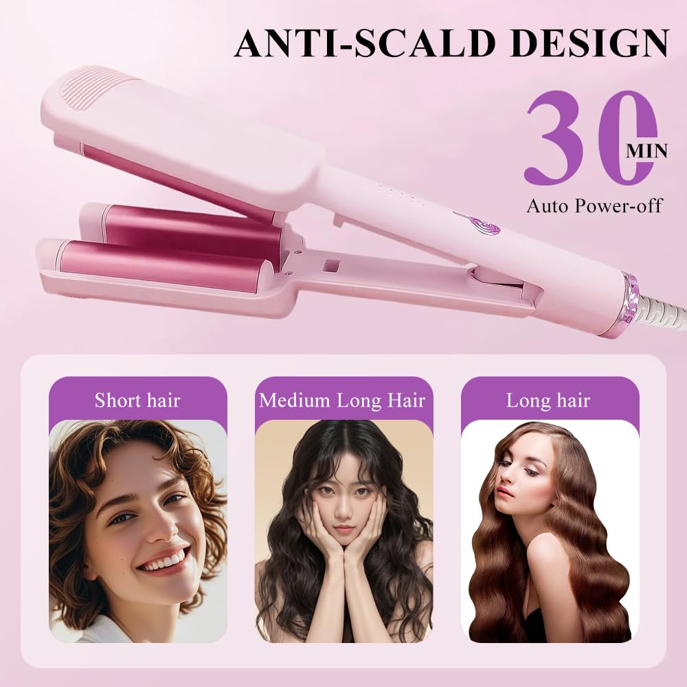 Piastra Onde per Capelli, Ferro Arricciacapelli, 32 mm Ferro per Capelli Onde con 4 Temperature regolabili per tutti i tipi di capelli, viene fornito con 1 pettine, 2 clip (Rosa)