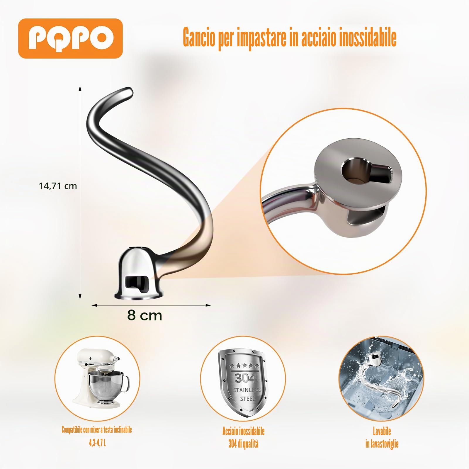 Gancio per impasto a spirale in acciaio inossidabile compatibile con i mixer da banco KitchenAid con testa inclinabile da 4,5 e 5 quarti, design a spirale versatile, impasto efficiente, lavabile in