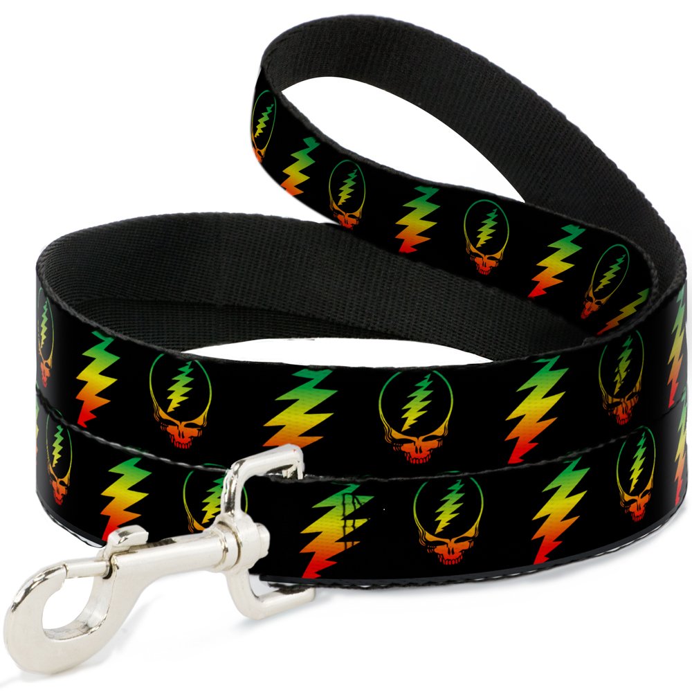Dog Leash Steal Your Face Lightning Bolt Repeat Black Rasta 6 Feet Long 1.0 Inch Wide