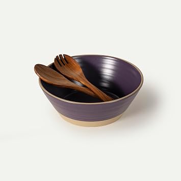 MORA Giant Salad Bowl Set with Wood Salad Servers, 4 qt Large Ceramic Serving Bowl for Salad, Pasta & Fruit, Microwave, Oven and Dishwasher Safe - Nebula
