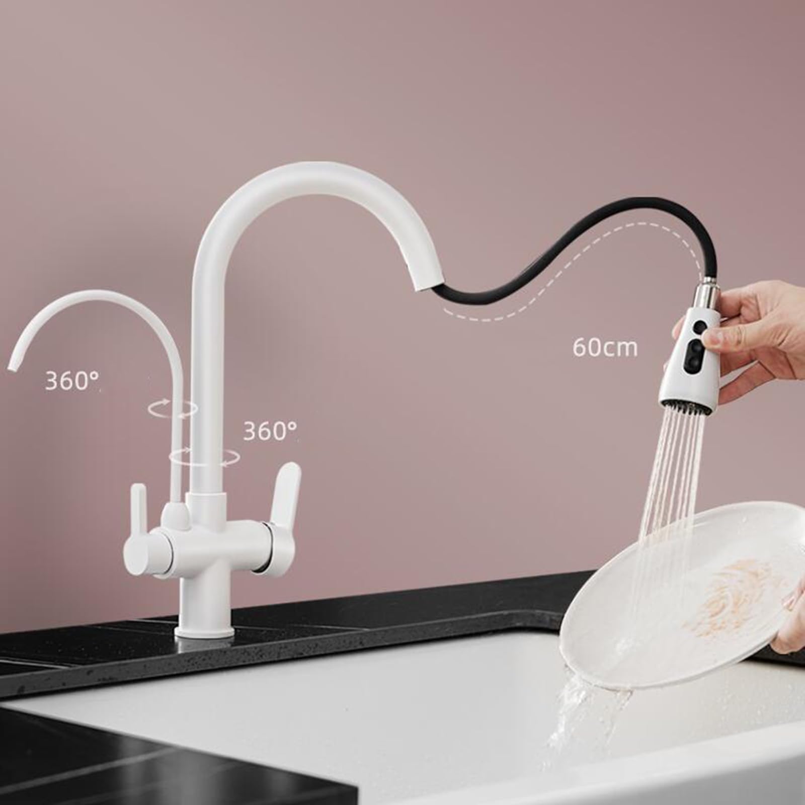 Rubinetto Cucina Bianco Avorio Con Doccetta Estraibile - 3 Modalità, Girevole 360° - Foto 9