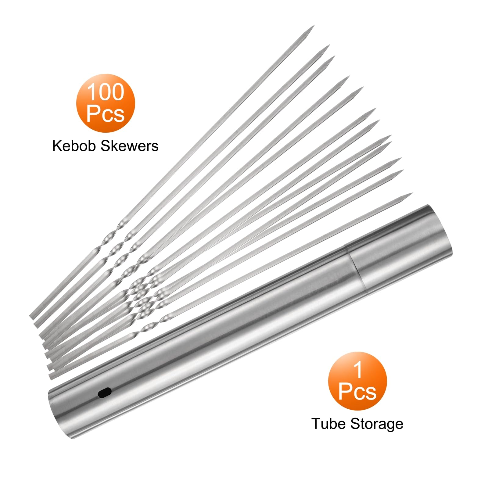 QUARKZMAN 100Pz Spiedini Acciaio 35cm x 5cm Spiedo per Barbecue Kebob Metallo Piatti Acciaio Inox Riutilizzabili Bastone Griglia Arrosticini Aperto Tubo Stoccaggio per Carne Frutta Verdura