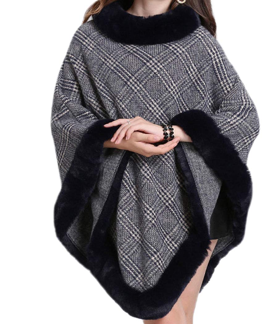 Helan ApparelHelan Women's Round Neck Faux Fox Fur Cloak Checked Pattern Faux Fur Cape Coat