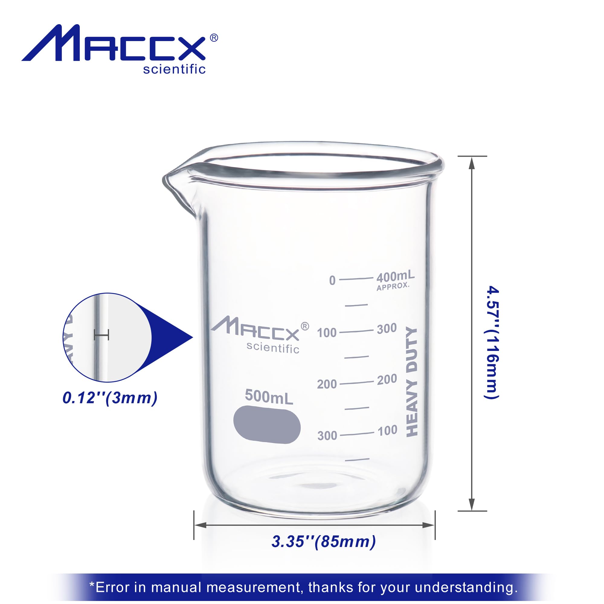 Vaso de vidrio resistente de 500 ml, forma baja de borosilicato 3.3 con graduación impresa, paquete de 6, BKL500-006