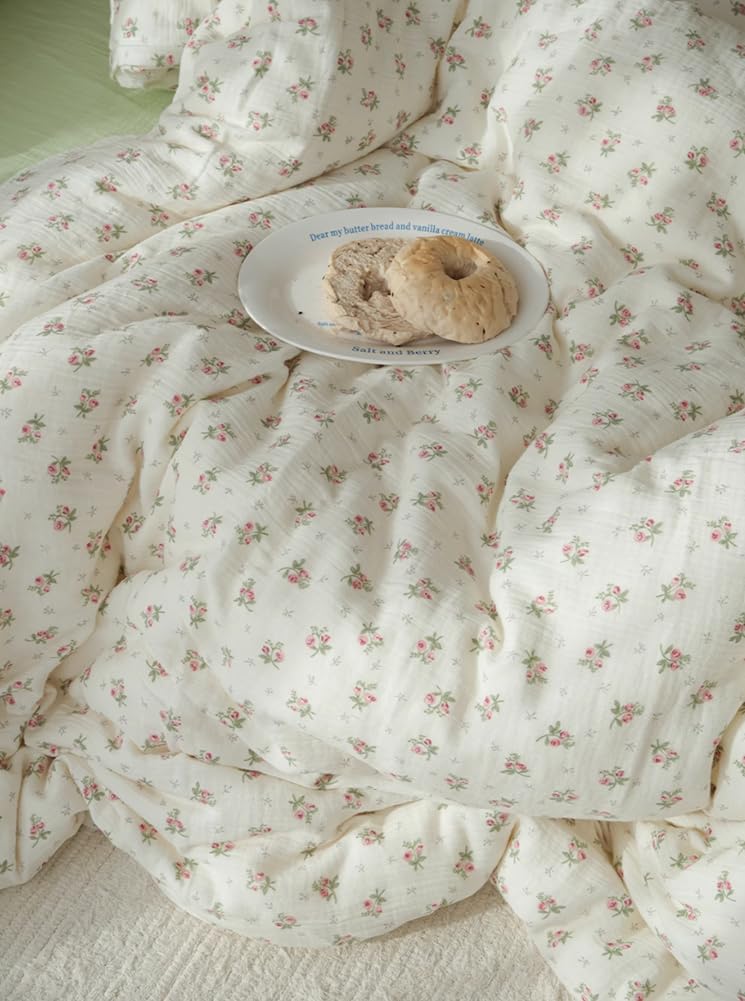 AShanlan Doppelte Musselin Bettwäsche 200x200 cm Baumwolle Rosa Blumenmuster Bettwäsche-Sets ÖKO-TEX Zertifizierte 1 Bettbezug und 2 Kissenbezüge 80x80 cm mit Reißverschluss