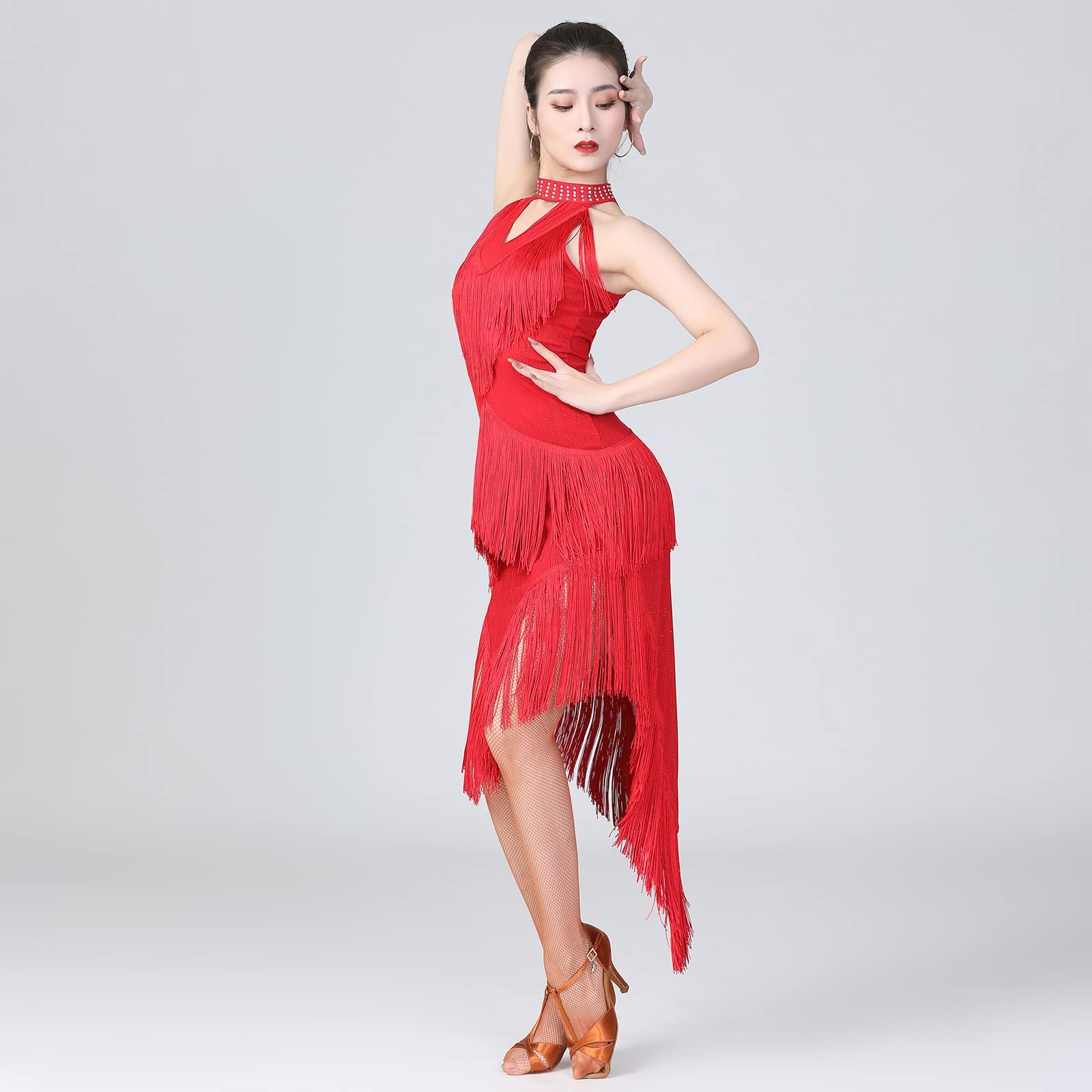 Tanzkleid Damen Latein, ärmellos Kleid Pailletten Fransen Kleider, 1920s Flapper Kleid, Tanzkleider Salsa Cha Cha Tango Rumba Ballsaal,Rot,L