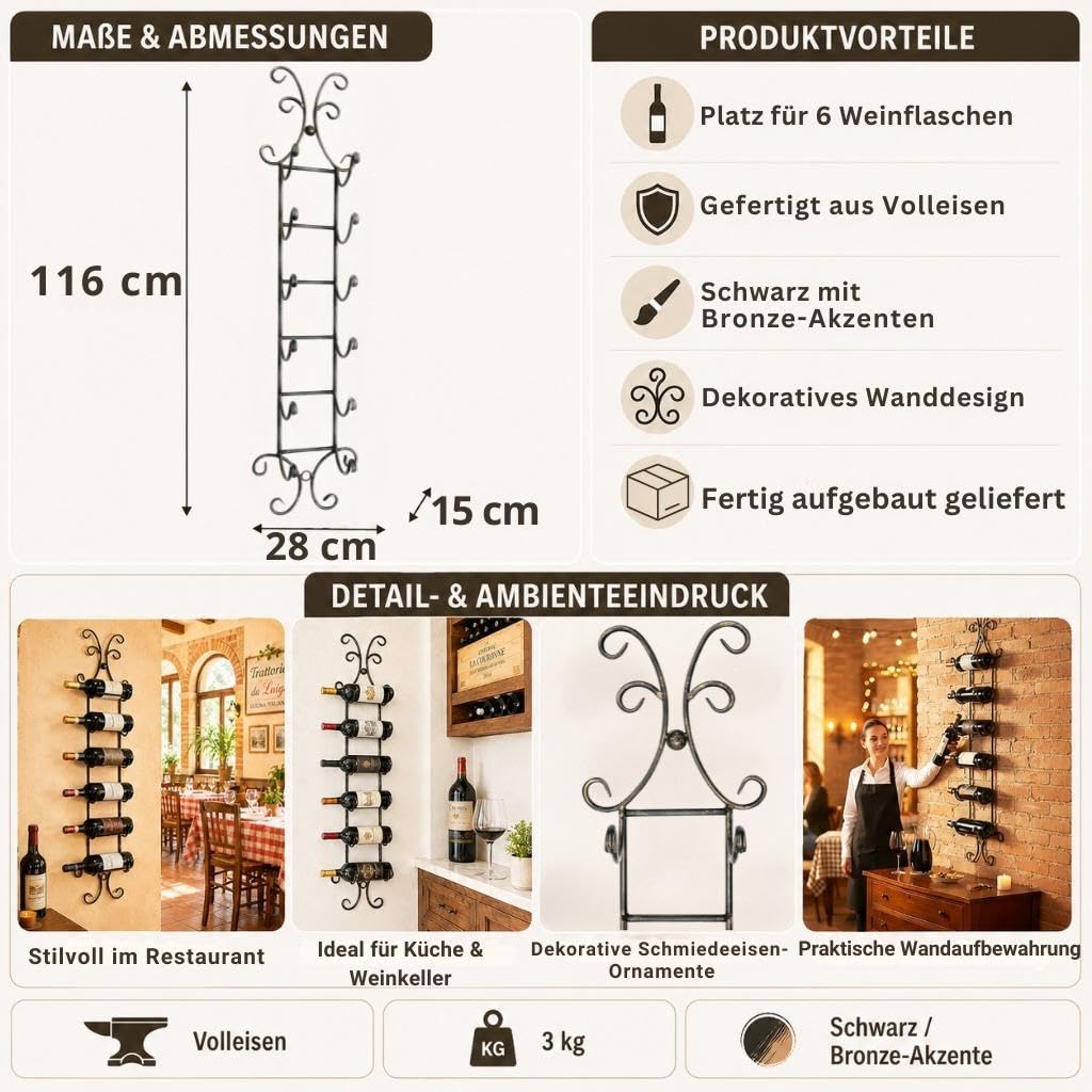 DanDiBo Weinregal Wand Metall Flaschenregal Schmal Regal 6 Flaschen 568 Wine Rack Weinflaschenregal Bar Wein Regal Getränkeregal Flaschen