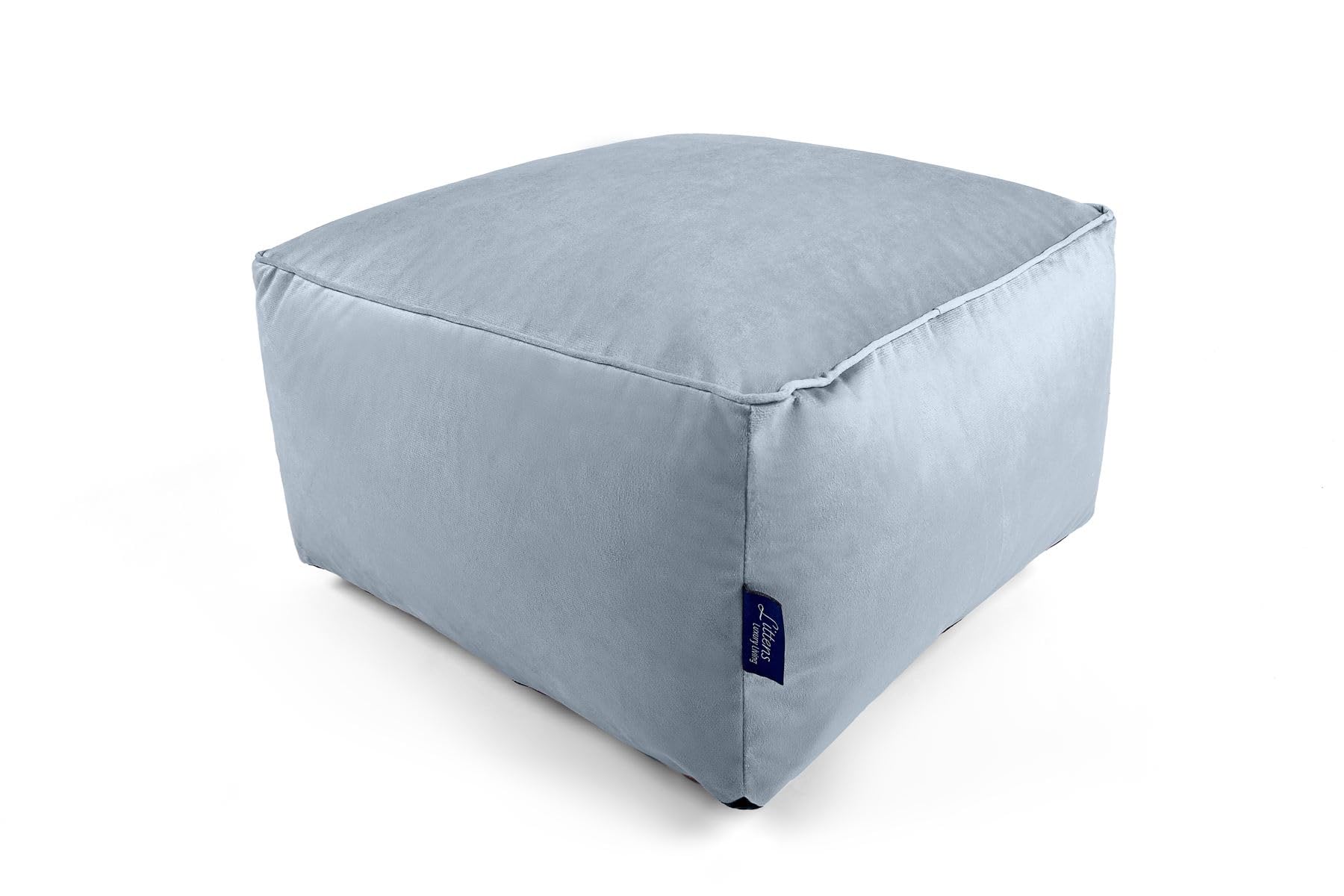 Littens Grey Square Footstool Bean Bag, Soft Luxury Velvet, Ottoman Pouffe, Living Room Decorative Low Seat, Piped Detailing (45cm x 45cm x 25cm)