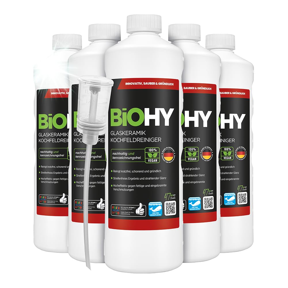 BiOHY Detergente per piani cottura in vetroceramica (6 bottiglie da 1l) + Distributore | Ottimo per la pulizia e la cura del piano cottura e per l’induzione (Kochfeldreiniger)