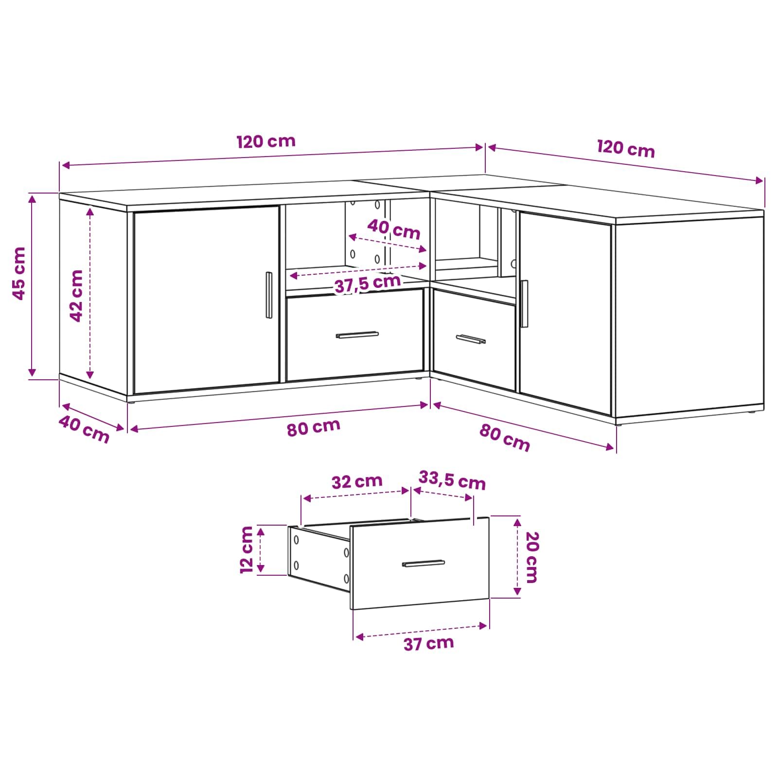 Mangloder - Armario esquinero de roble negro de madera de 200 x 40 x 45 cm con 2 cajones y 4 estantes, puerta reversible para salón, pasillo, oficina, ahorro de espacio