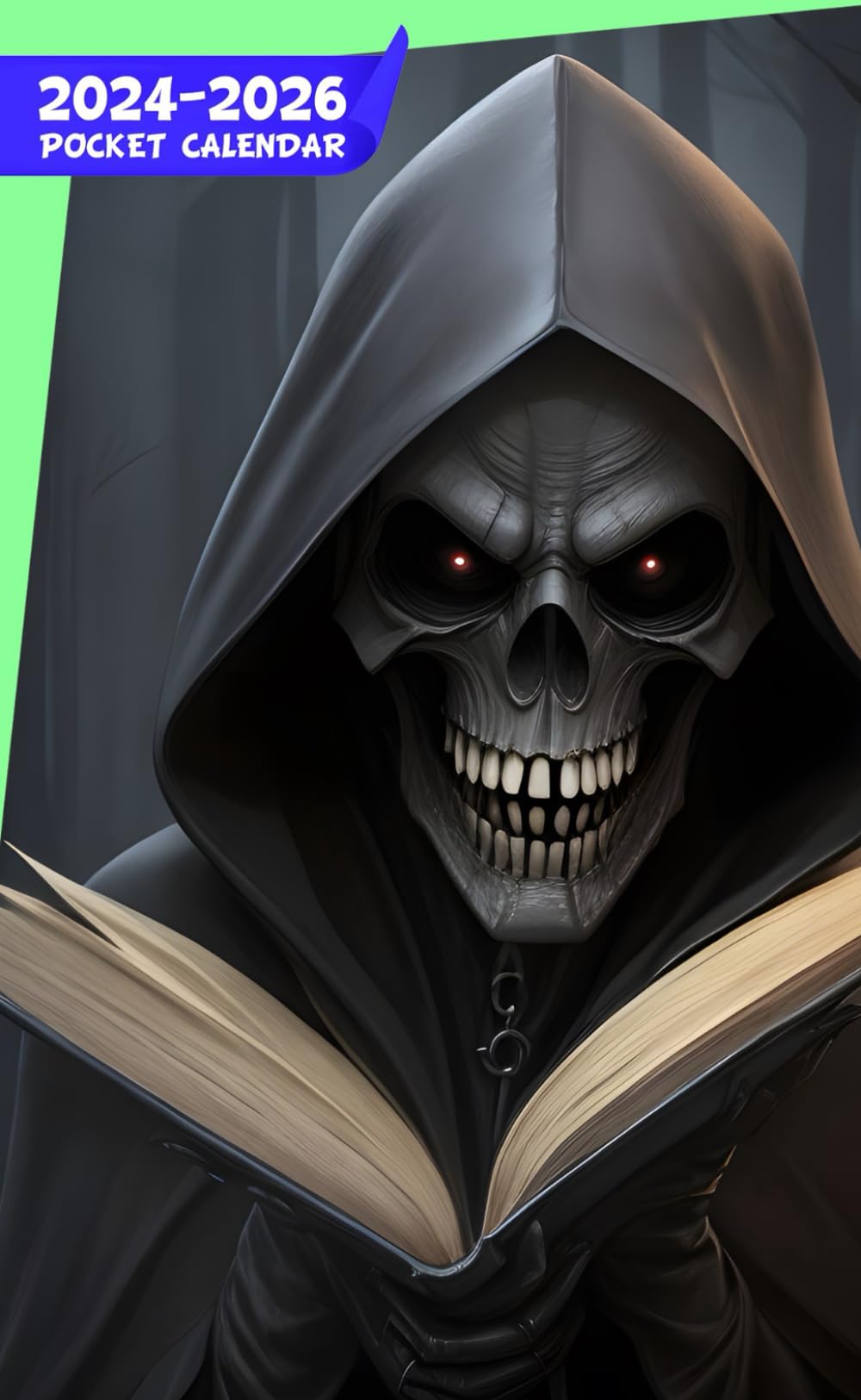 Pocket Calendar 2024 - 2026 With Moon Phase: Three-Year Monthly Planner for Purse , 36 Months from January 2024 to December 2026 | Grim reaper face | Holding book