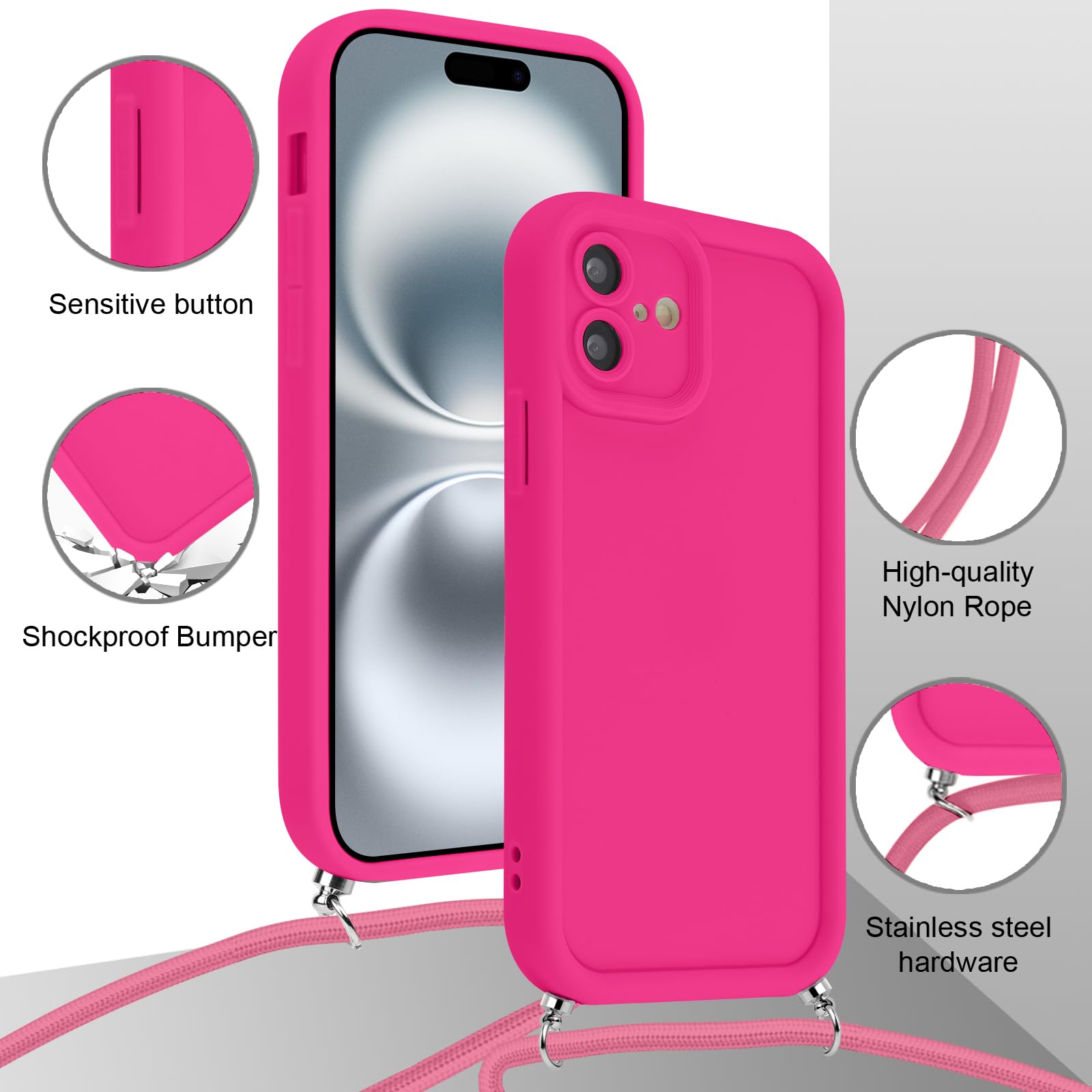 Aithne Cover Compatibile con iPhone 6/6S/7/8/iPhone SE 2022, Slidable Protezione Fotocamera, 360°Anello Support Slot Schede Cordino Collana Necklace Silicone Case - Rosso