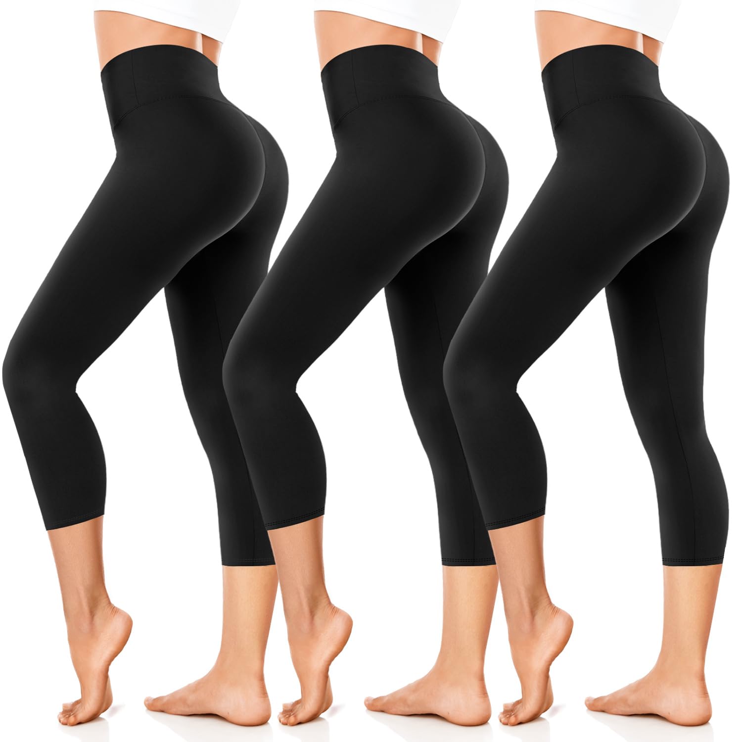 FuelMeFoot 3/4 Leggings Damen High Waist Schwarz Capri Leggins Blickdicht für Sport Yoga Gym.