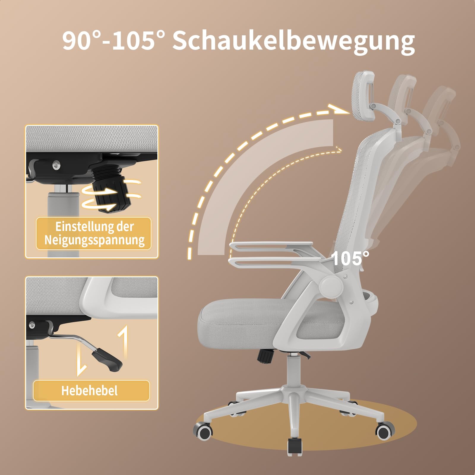 naspaluro Bürostuhl Ergonomisch Schreibtischstuhl Grau | Atmungsaktiver Netzgewebe, Lordosenstütze, Höhenverstellung Computerstuhl, Verstellbarer Armlehnen Kopfstütze Drehstuhl