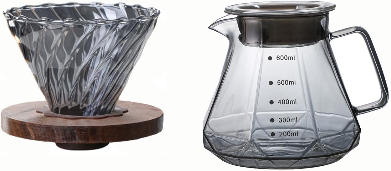 BeeCa Pour Over Coffee Maker Set, Smoked Glass 20oz/600ml All-in-One Dripper, Borosilicate Carafe with Handle & Lid, Includes 50 pcs paper filters (Size 02), for Home Café Restaurant and Camping