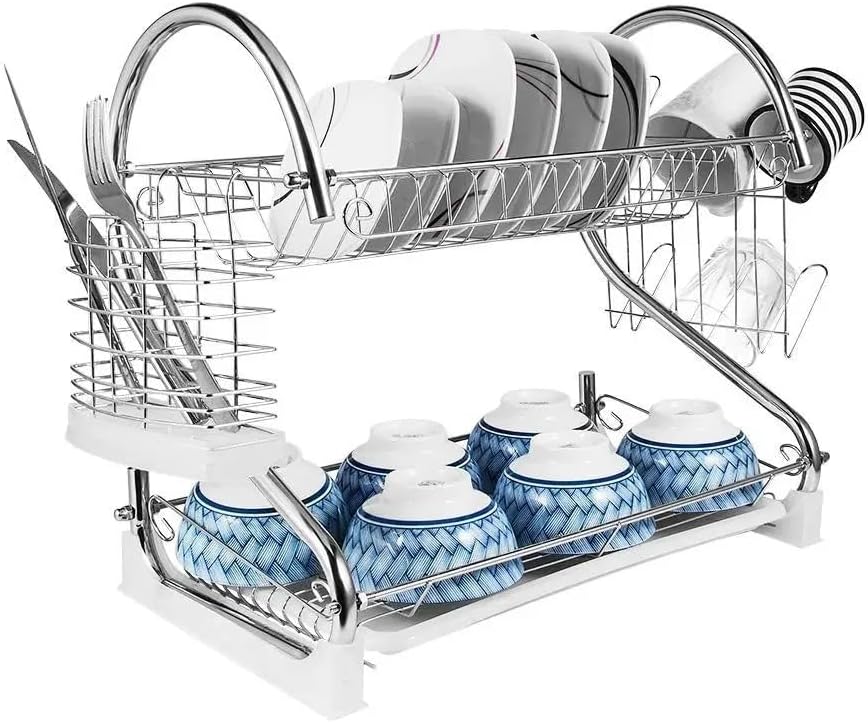 Generic2 Tier Dish Rack, Stainless Steel Dish Drainer Cup Drying Rack Holder with Draining Tray Kitchen Organizer, Chrome Finished, DR2563