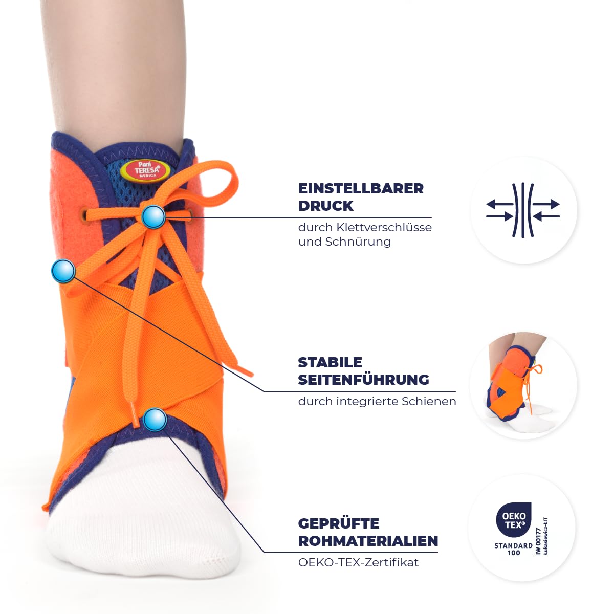 Tutore Caviglia Cavigliera Ortopedico Universale Regolabile Destro Sinistro Bambini e Adolescenti Benda 15-18 cm Arancione Blu