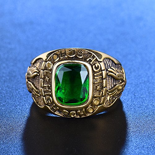 Masop Stainless Steel Jewelry High School Gold Tone Green Cz Zircon Rings For Men Size 8 #TOP1