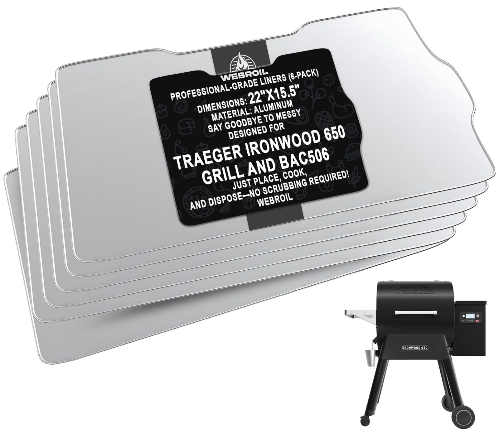 6 Pack BAC506 Drip Tray Liners for Traeger Ironwood 650 Series Pellet Grill