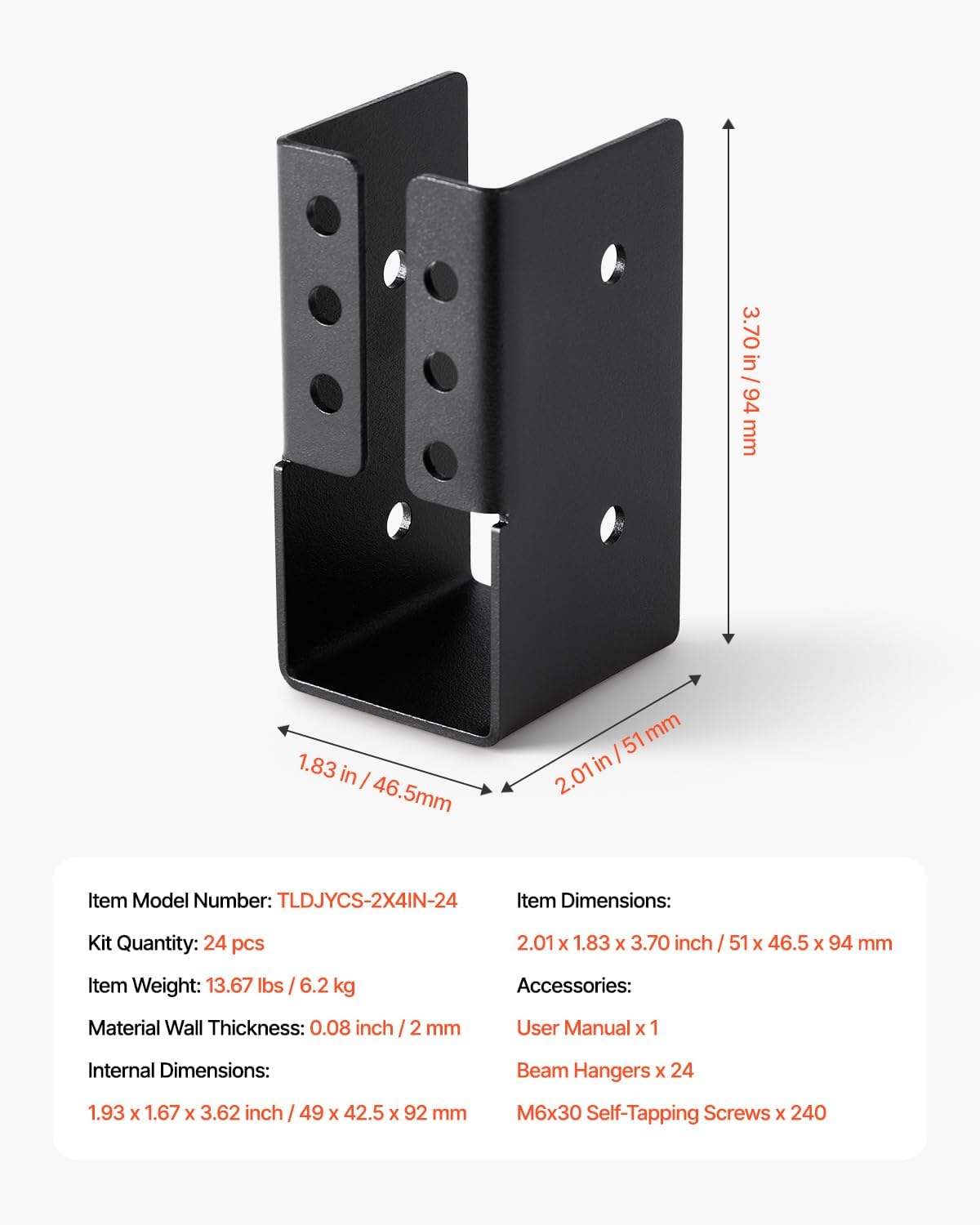 VEVOR Concealed Joist Hanger, 2x4 Inch Outdoor Concealed-Flange Joist Bracket with Screws, Steel Light Joist Hangers for 1.93 x 3.62 Inch / 49 x 92 mm Beam, Swing, Fence, Wooden Slides, 24 Pcs