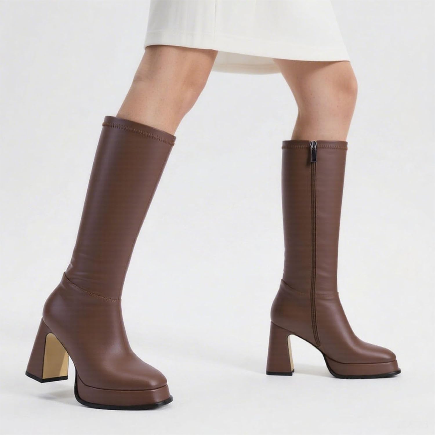 QIV Platform Knee High Boots for Women Square Toe Chunky Block Heel Tall Gogo Boots with Zipper