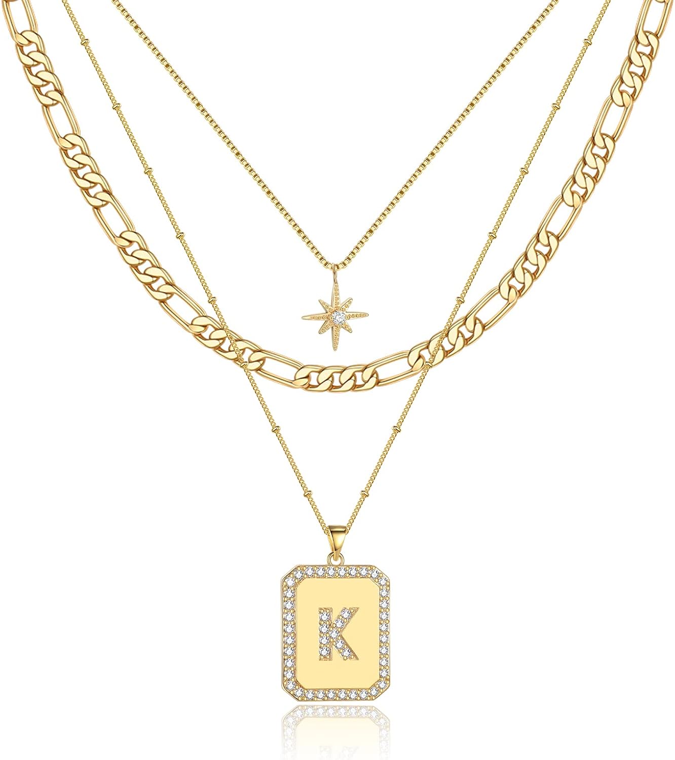 MJartoria Layered Initial Necklace For Women - 14K Gold Plated Star & Letter Choker Set (3 Chains)