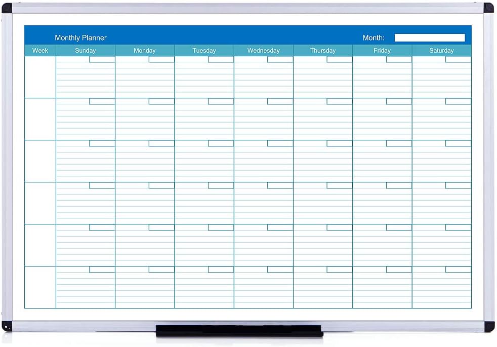 VIZ-PRO Magnetic Dry Erase Monthly Planner, 48 X 36 Inches, Silver Aluminium Frame 48"x36" Monthly Planner