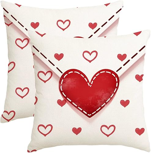 RABUSOFA Valentines Pillow Covers 20x20 Set of 2,Red Envelope Hearts Outdoor Valentines Cushion Case Decoration for Sofa Couch White(2404-20)
