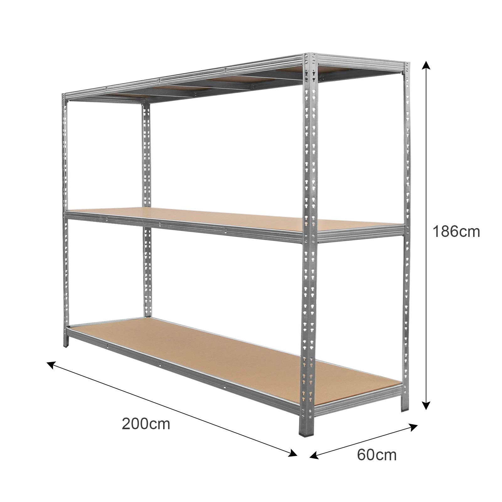 Estantería de Garaje Extra Ancha con Capacidad de 1200KG Estanterías de Acero Galvanizado de 3 niveles Unidad de Almacenamiento Industrial Sin Tornillos | 186cm x 200cm x 60cm