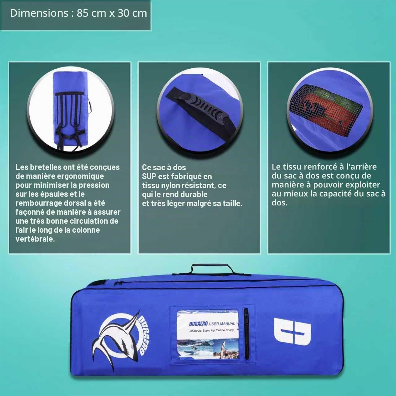 Siège de Kayak Gonflable Stand Up Paddle et Support de caméra, pagaie 2 en 1 330x76x15cm, Pompe jusqu'à 150kg avec Sangle de Pied, Sac à Dos