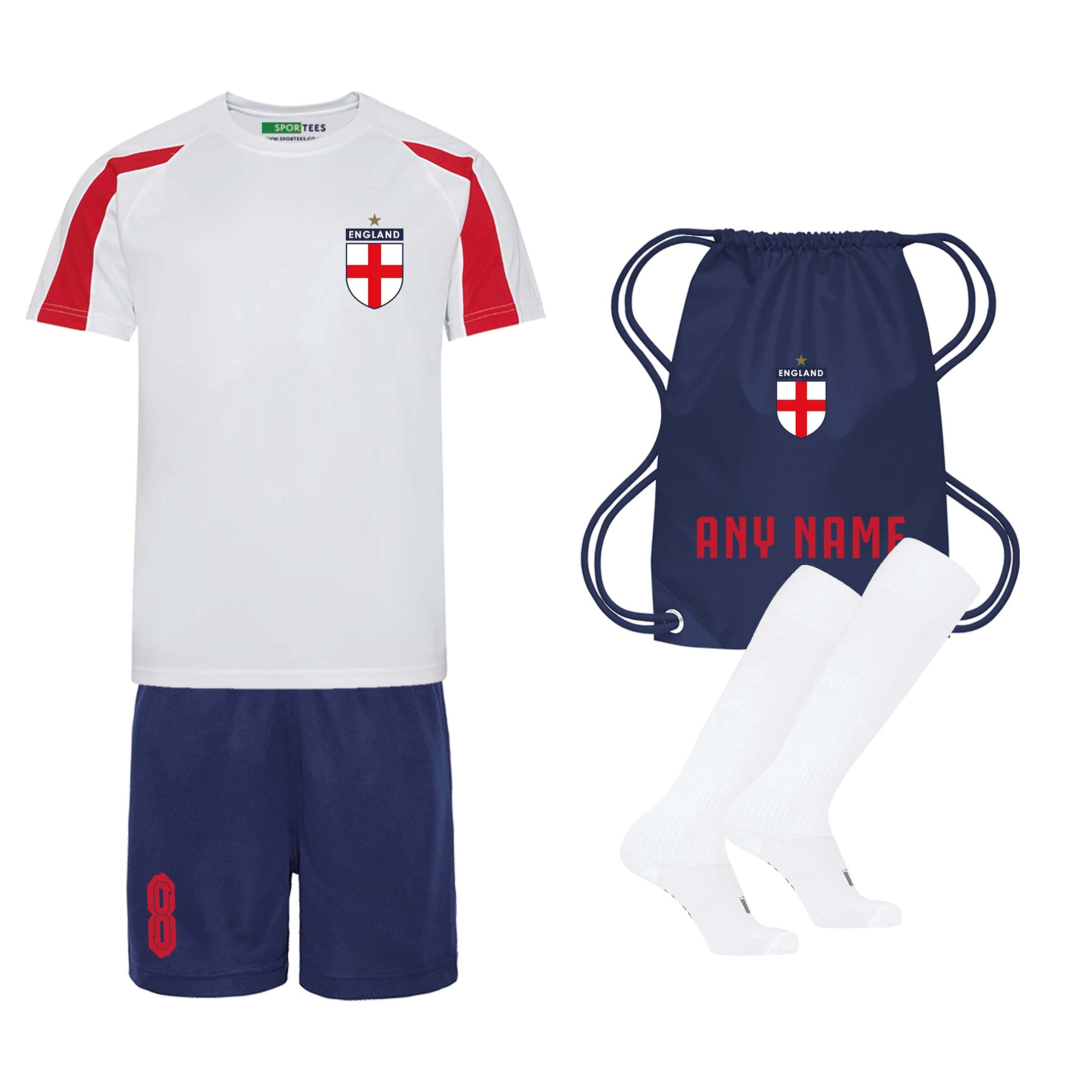 Sportees RetroKids Personalised Contrast Red, White & Blue England Style Home Football Kit with Free Socks & Bag 3 Years Old to 13 Years Old