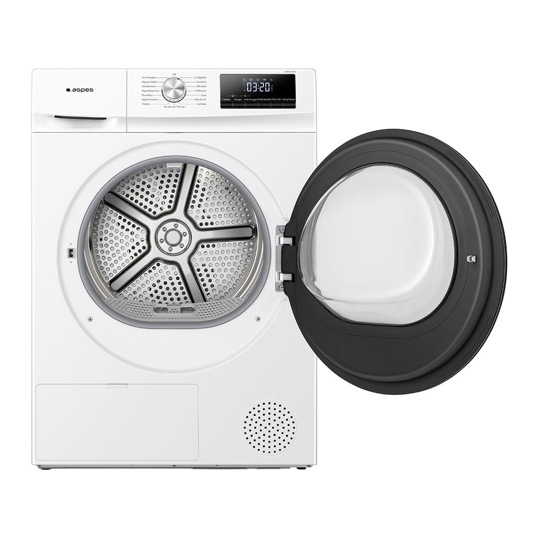 Aspes Secadora Bomba Calor 8Kg, Carga Frontal, Blanco, ASB801A2DB. 650W, 15 Programas, Función Antiarrugas, Función Antiarrugas, Tambor Waterdrop, Display LED manual, Eficiencia Energética Clase A++
