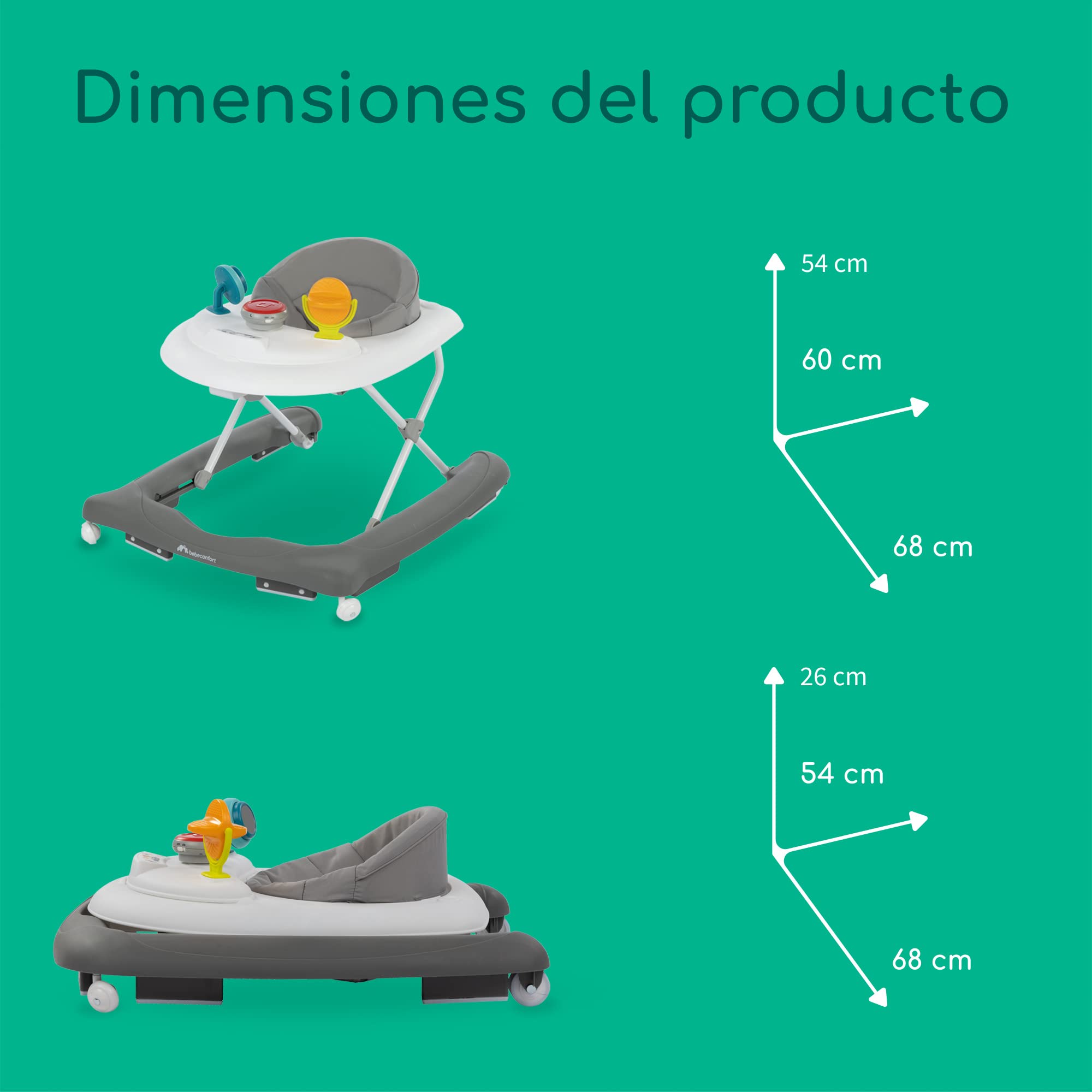 Bebeconfort Explorer, Andador bebé, Primeros pasos, 3 alturas regulables, Centro de actividades con 12 melodías, Asiento acolchado, Base antivuelco, Para niños 6 meses – 12 kg, Grey Mist