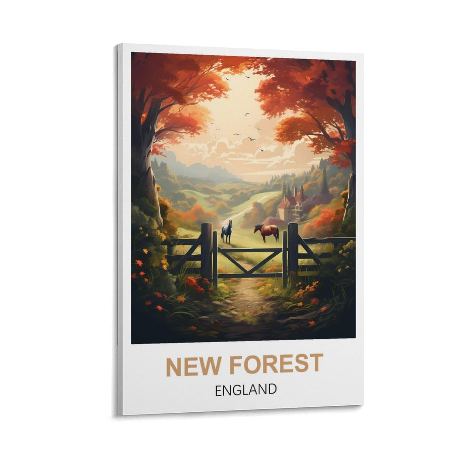 Hnrojico Frame-Style New Forest England Vintage Travel Poster 08X12inch(20X30cm) Canvas Wall Art Poster Prints, Bedroom Living Room Decoration Painting