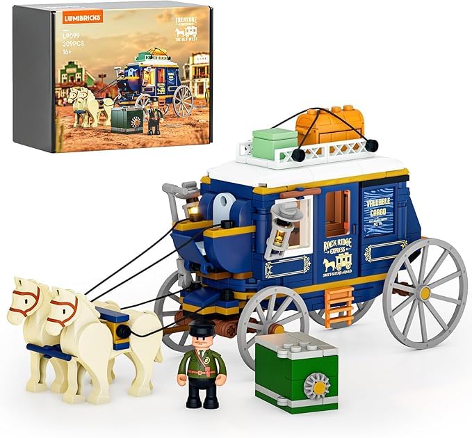 Lumibricks Treasure Stagecoach Building Set with LED Lights - 307-Piece Vintage Western Model , Openable Safe & Interactive Features, Perfect for Collecting & Gift Giving