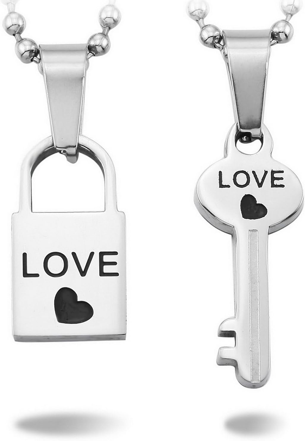 Hjvision 2pcs Black Silver Stainless Steel Pendant Necklace Checkered Lock Key Couples