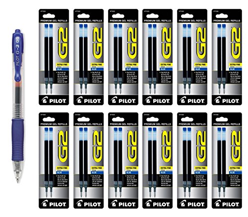 Pilot G2 Gel Ink Roller Ball, Azul Extra Fino 1 Bolígrafo y 24 Recargas