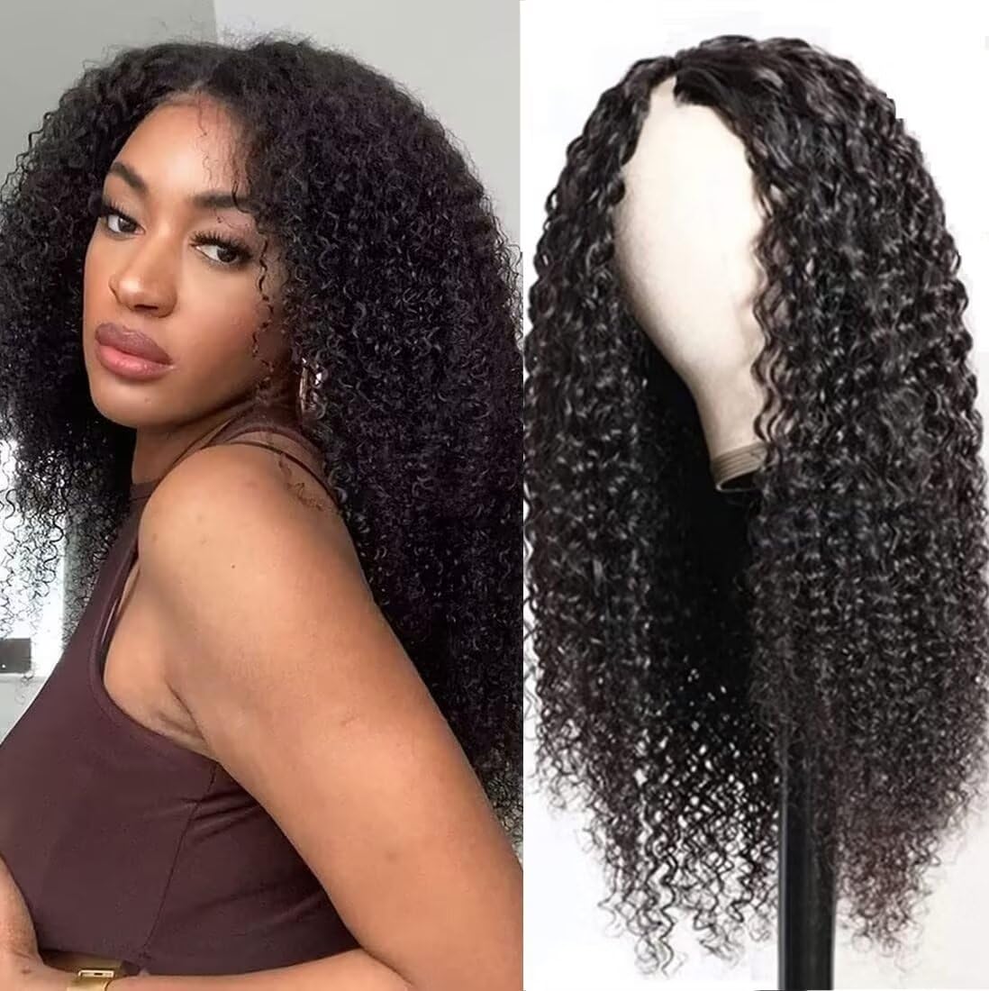 V Part Human Hair Wig, 150% Density, No Leave Out, No Sew In, Beginner Friendly, Glueless Kinky Curly V Part Wig