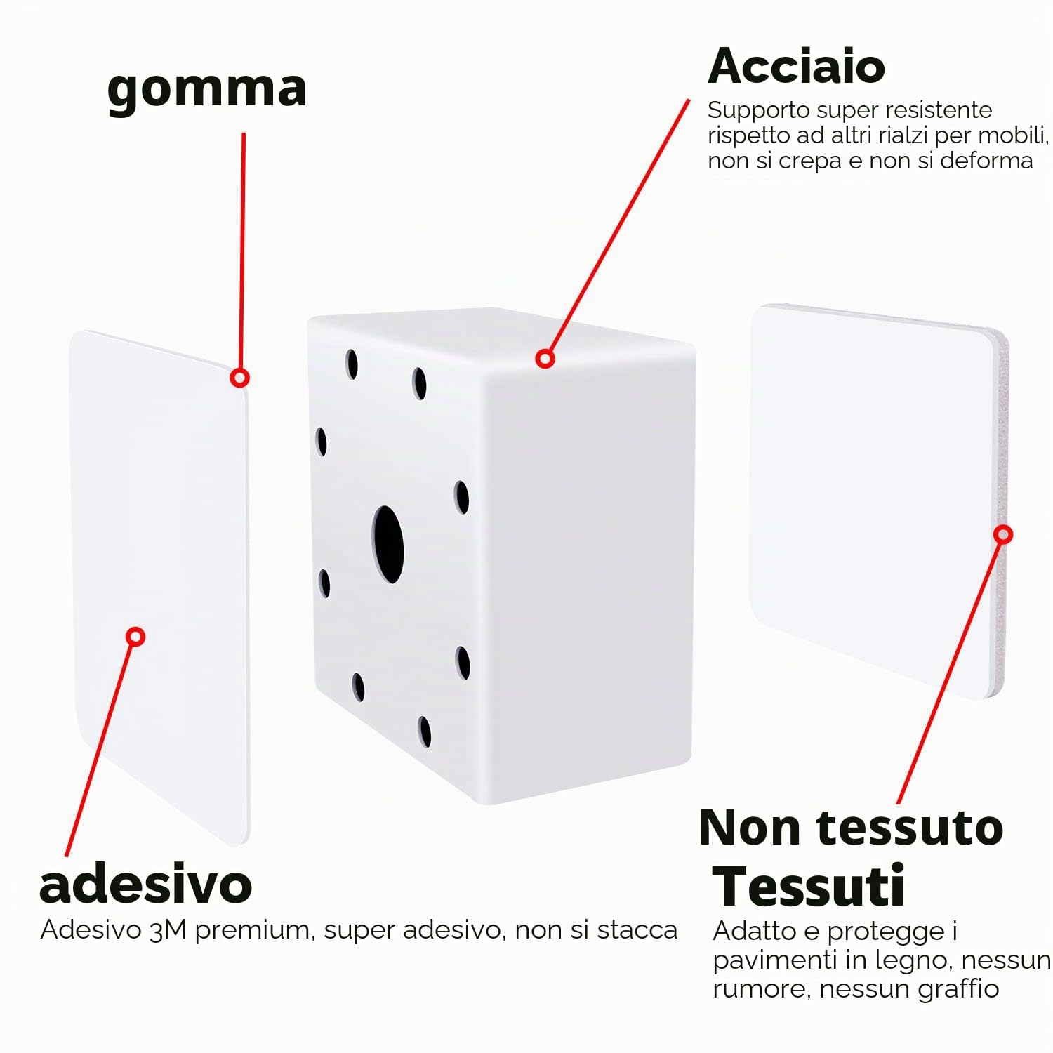 Ezprotekt Alzata per Mobili 5 cm in Acciaio, Diametro 3.15", Alzate Autoadesive per Mobili Resistenti, Aggiunge 2" di Altezza ai Letti, Divani e Armadi, Supporta 3000 Ibs, Quadrato Bianca