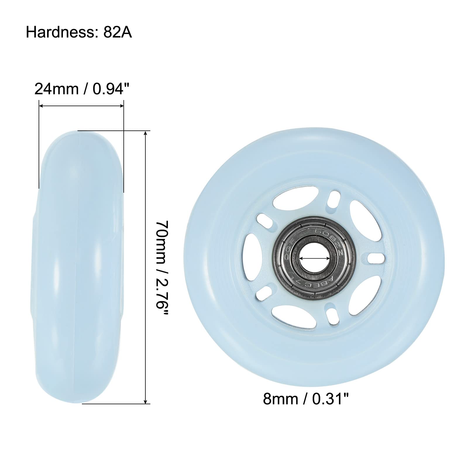 PATIKIL Lot de 8 roues de patins à roulettes en ligne avec roulements, 70 mm OD 82A, accessoires de rechange pour patins à roulettes à une rangée, intérieur ou extérieur, bleu