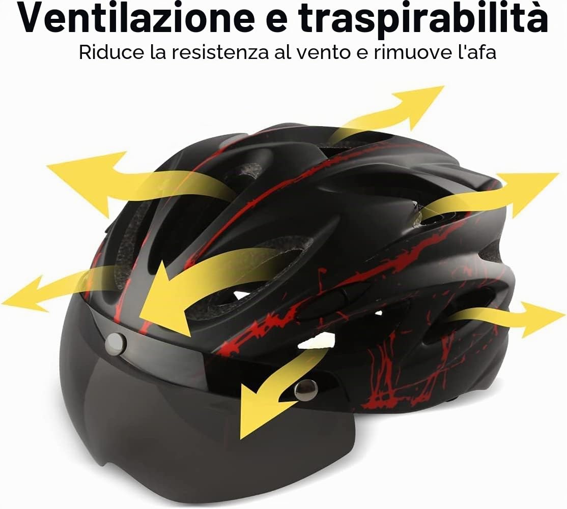 Casco da bicicletta con luce a LED e visiera, leggero, con occhiali magnetici, unisex, misura regolabile, per mountain bike