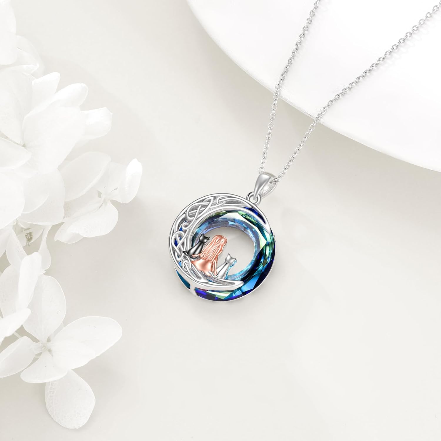 POPLYKE Cat Celtic Necklace Sterling Silver Two Cats with Sister on the Moon Pendant Necklace Blue Circle Crystal Jewelry Gifts for Her Women - Image 4