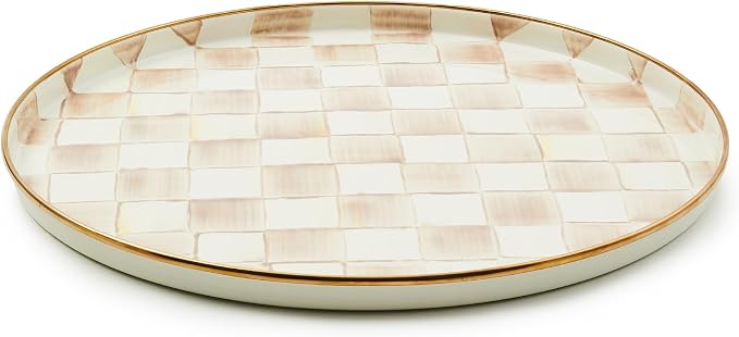 MACKENZIE-CHILDS Enamel Round Tray, Unique Serving Platter for Food and Drinks, Brown-and-White Mocha Check