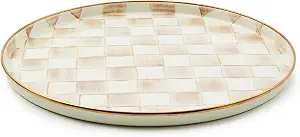Enamel Round Tray, Unique Serving Platter for Food and Drinks, Brown-and-White Mocha Check