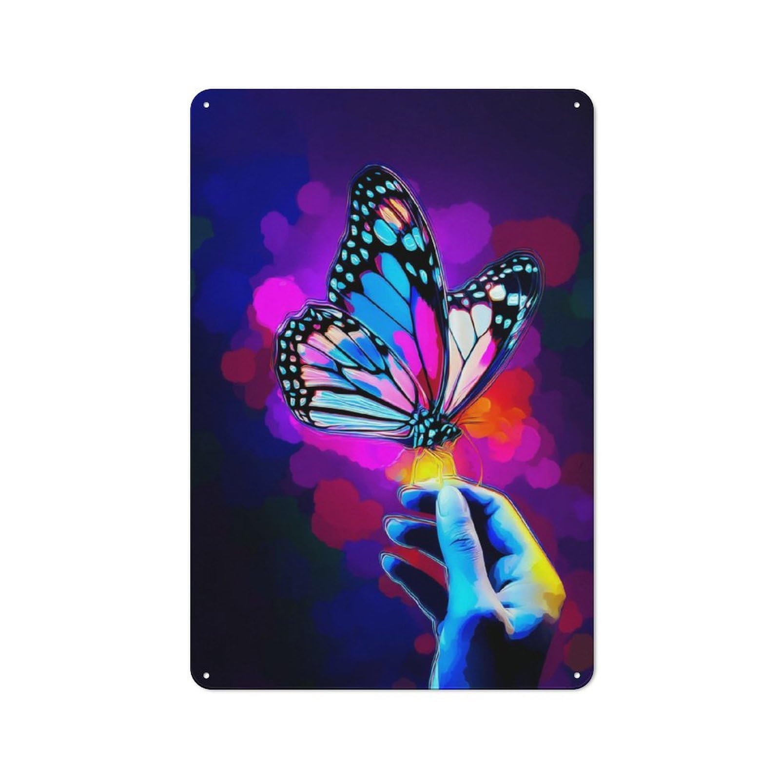 Junmoney Neon Butterfly On Hand -1 Tin Wall Plaque 30X20cm, Rustic Cottage Wall Art For Dining Room, Cafe, Entryway Or Family Room