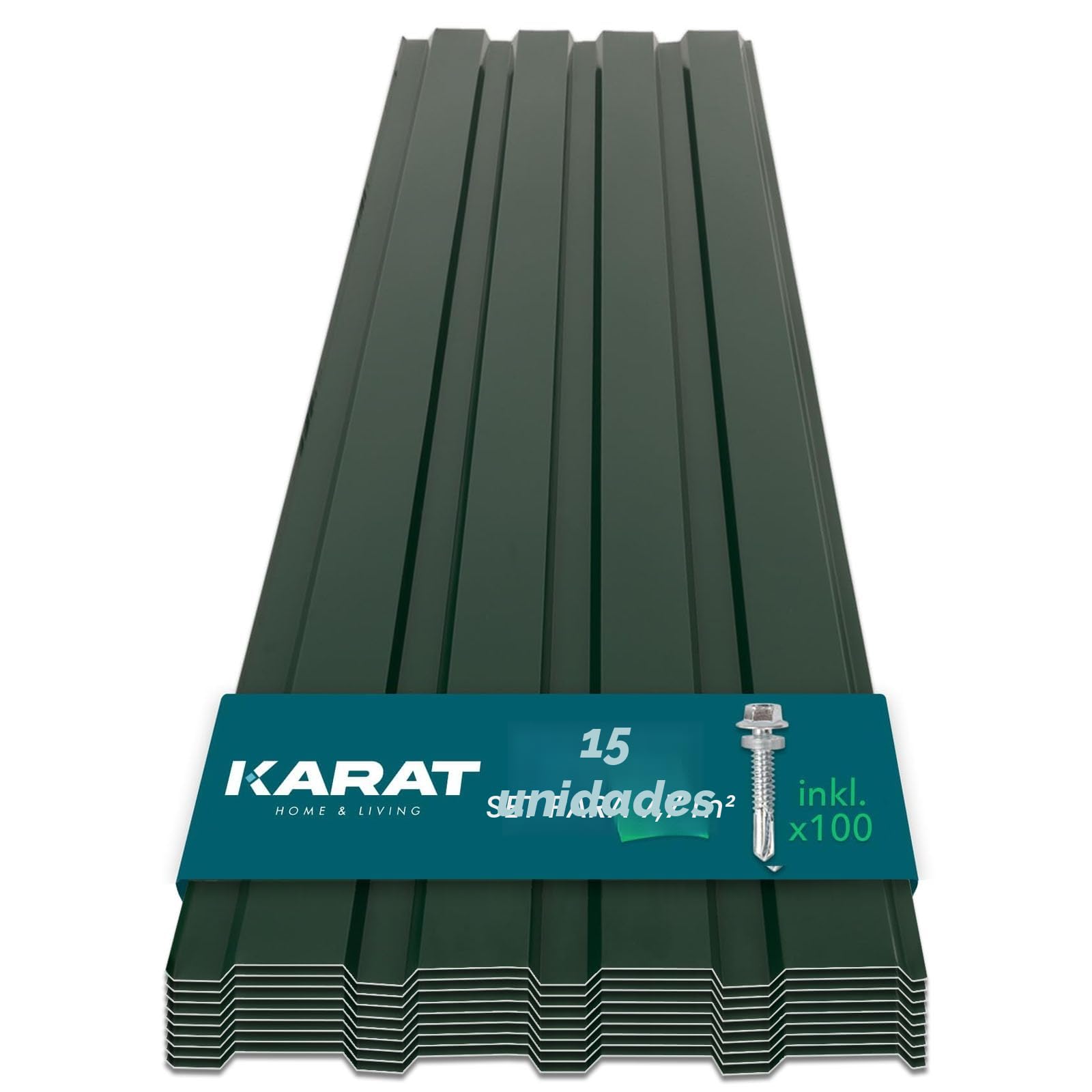 KARAT - 15 láminas trapezoidales de 115 x 45 cm - Juego de Chapa perfilada con Tornillos - 7,7 m² - Grosor 0,25 mm - Placas de Techo de Chapa de Acero para Revestimiento de Pared (Verde)