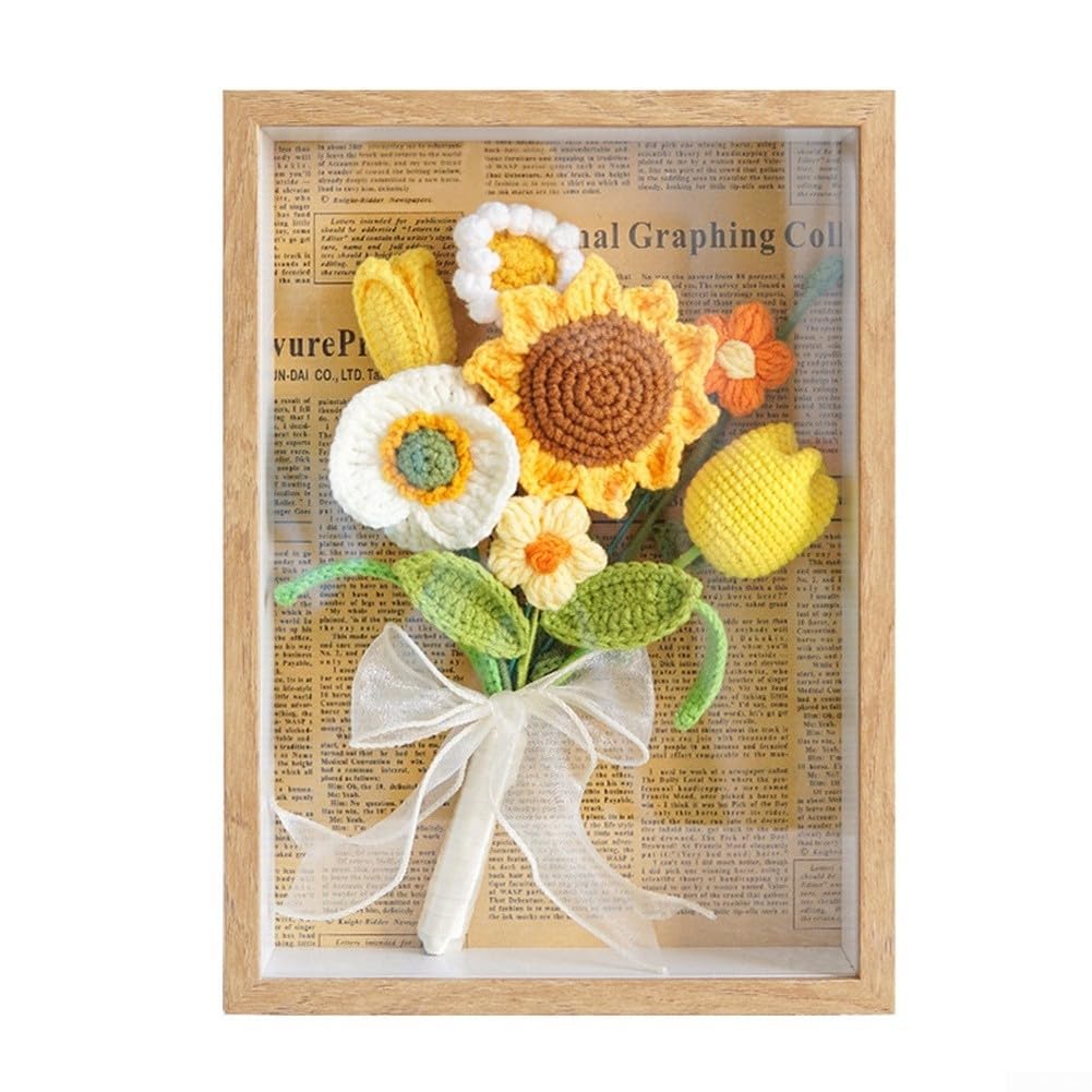 TVANTRUXIS Hand Woven Artificial Flowers, Handmade Crochet Sunflower Bouquet Frame Ornament Multicolor Multiple Sizes(Sunflower-B)