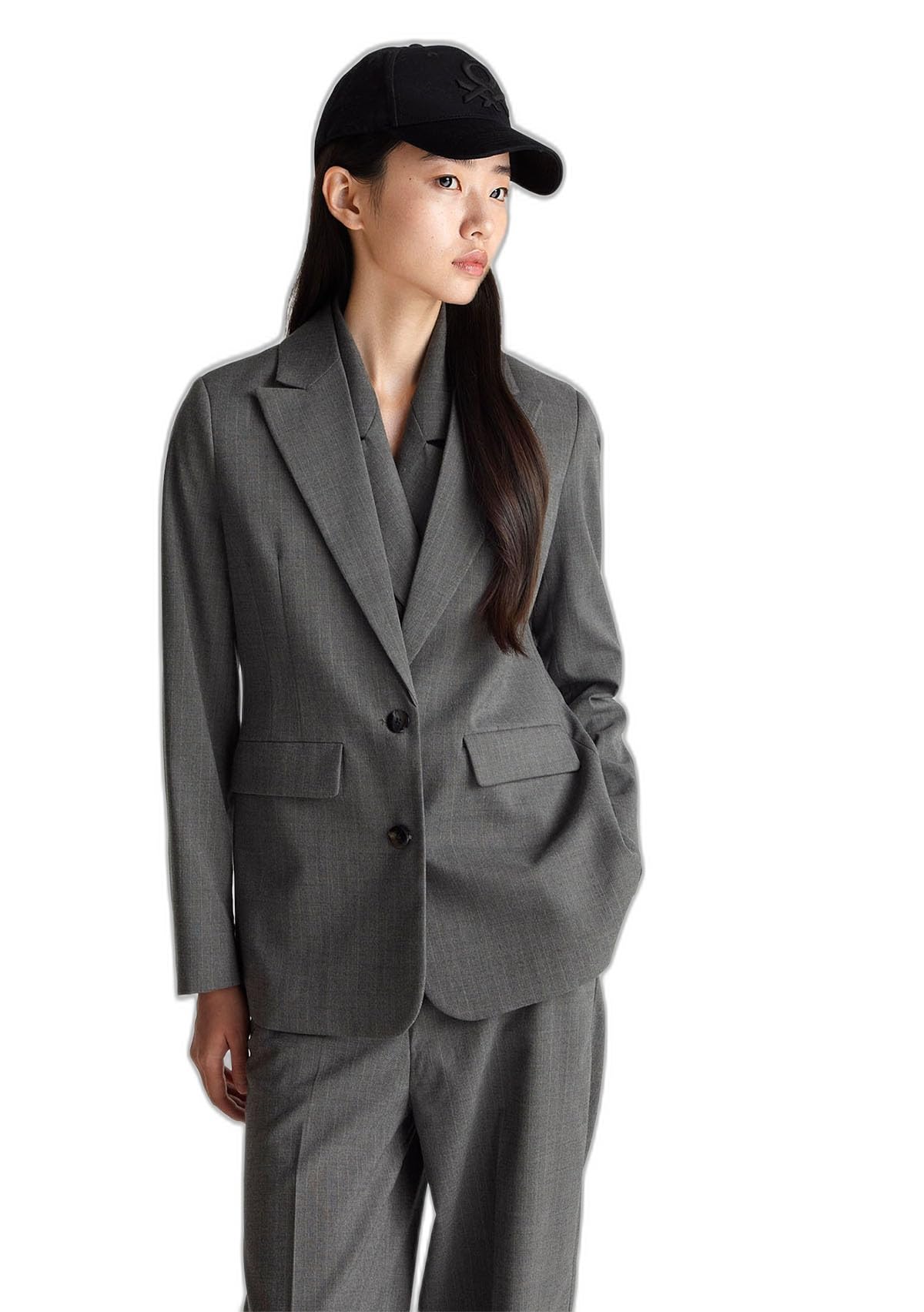 Benetton Kadın Taba Viskoz Karışımlı Çizgili Düğmeli Slim Fit Blazer Ceket