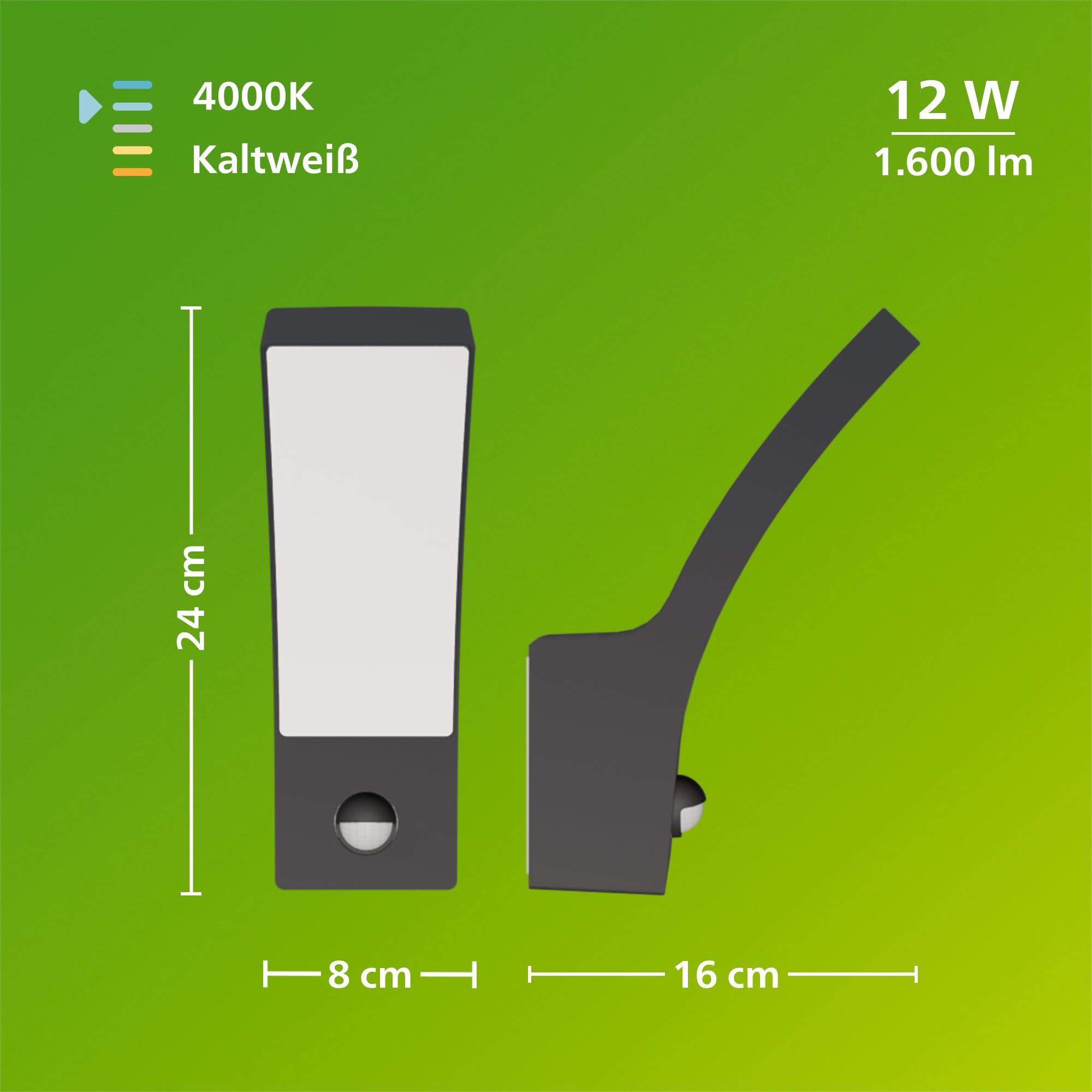 PHILIPS Splay LED-Wandleuchte, Außenleuchte mit Bewegungsmelder, Außenbeleuchtung, 12 W, 1.600 lm, 4.000 K Kaltweißes Licht, IP44-Wetterfest, Integrierte LED, Langlebig, Aluminium, Anthrazitgrau